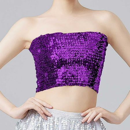nochalofo Mardi Gras Corset Tops  Sequin Sleeveless Crop Tube Top Fashion Holiday Womens Sparkling Sequins Stretch Clubwear Top  Purple