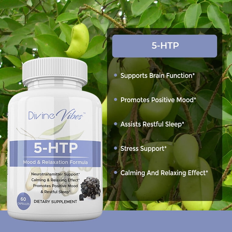Divine Vibes 5-HTP 200mg Plus Calcium – Mood & Relaxation Formula for Positive Mood, Stress Relief & Restful Sleep – Boosts Serotonin Naturally – Non-GMO, All Natural, 30 Day Supply, Made in USA