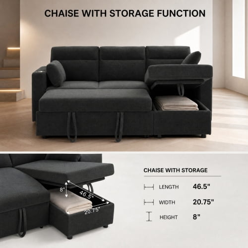 82.5" Convertible L-Shaped Pull-Out Sectional Sofa Bed with Storage Chaise, Cup Holders, and 2 Pillows, Modern Foil Fabric Sleeper Sofa for Living Room, Apartment, Dark Gray