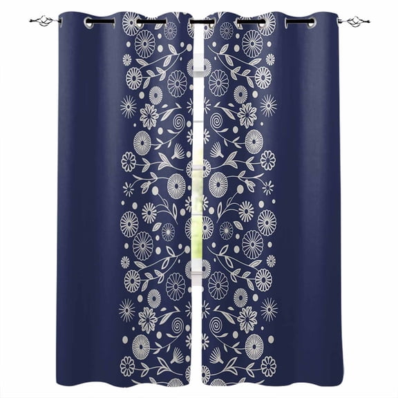 Japanese Black Out Curtains 72 Inch Long, Light Blocking Drapes with Black Liner, Navy Blue Country Flowers Leaves Aesthetic Thermal Blackout Curtains for Bedroom Living Room 52"x72" 2 Panels