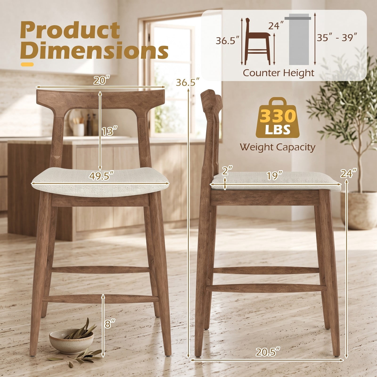 Furnibear Counter Height Bar Stools Set of 2, 24 Inch Solid Rubber Wood Kitchen Island Chairs with Curved Backrest, Upholstered Padded Seat and Built-in, Walnut