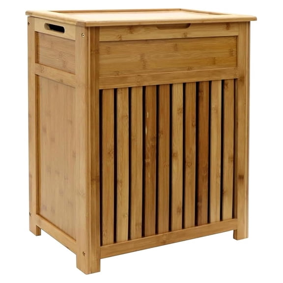 Redmon Bamboo Top Load Full Size Clothes Hamper, Side Handles, Double Hinged Lid and Decorative Stop