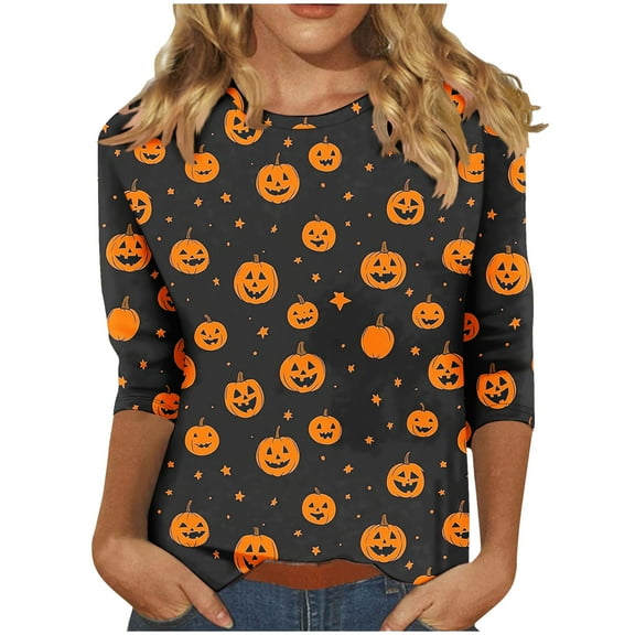 Oplxuo Halloween Shirts for Women Funny Cute Graphic Sweatshirts 3/4 Length Sleeve Tunic Tops Halloween Costume Gifts Blouse