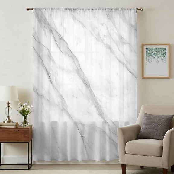 Marble Sheer Curtains 45 Inches Long, Modern Grey White Rock Monochrome Simple Light Filering Curtains, Breathable Simi Curtain Privacy Drapes for Kitchen Bathroom Lightweight Small Window Treatment