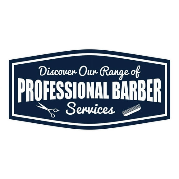 Signs ByLITA Fancy Discover Our Range of Professional Barber Services! Easy Installation | Durable Construction | Barbers | Grooming and Styling | Hair Sign (Navy Blue / White) - Large