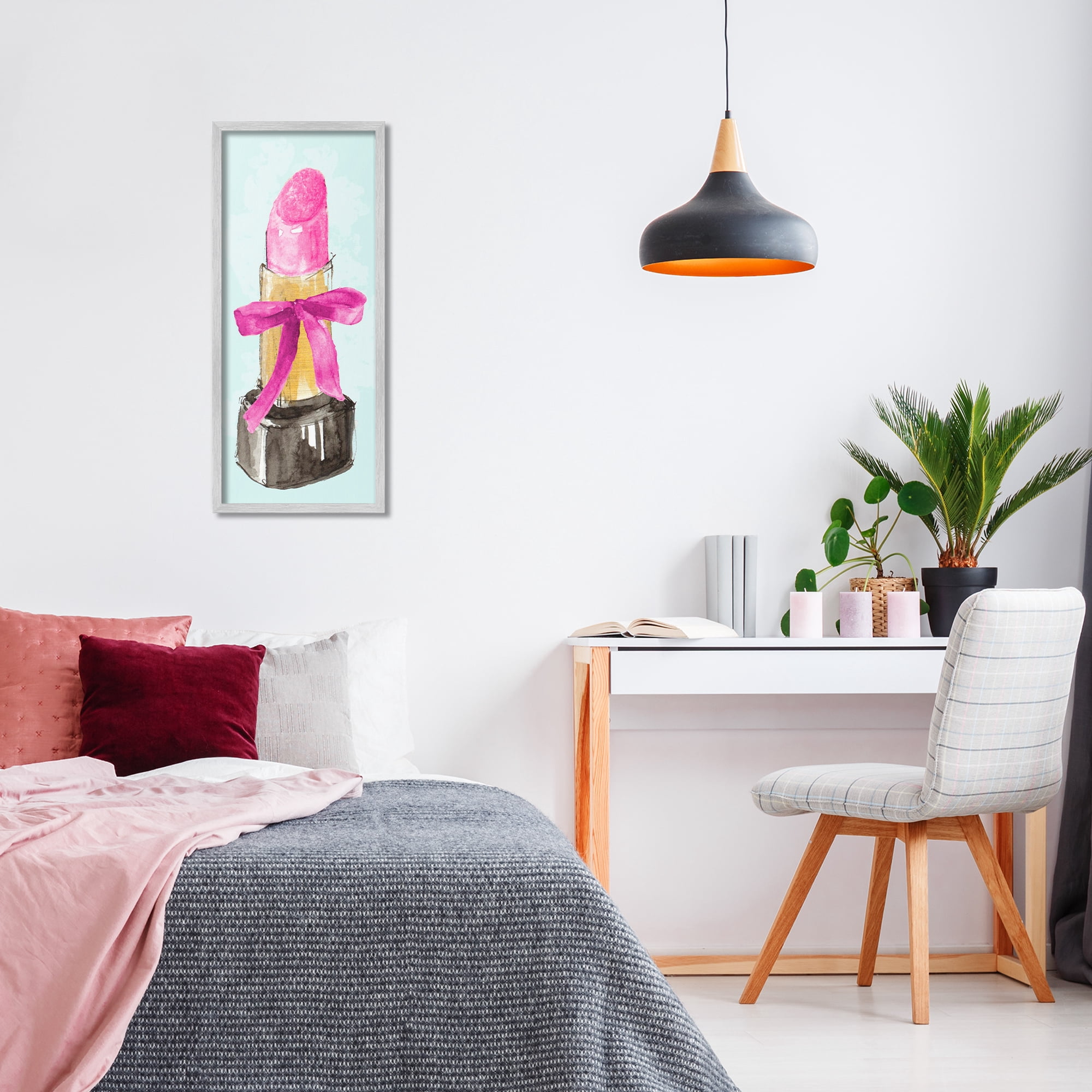 Stupell Industries Lipstick & Pink Bow Fashion Painting Gray Framed Art Print Wall Art, 13 x 30