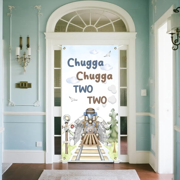 Train 2nd Birthday Door Cover for Boys Chugga Chugga Two Two Door Banner Choo Choo I’m 2 Porch Sign Door Decorations Banner for Retro Train 2nd Birthday Supplies