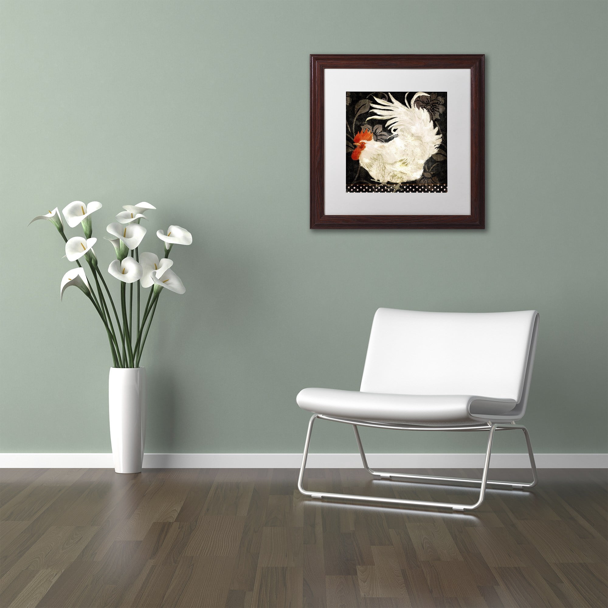 Trademark Fine Art "Rooster Damask I" Canvas Art by Color Bakery White Matte, Wood Frame