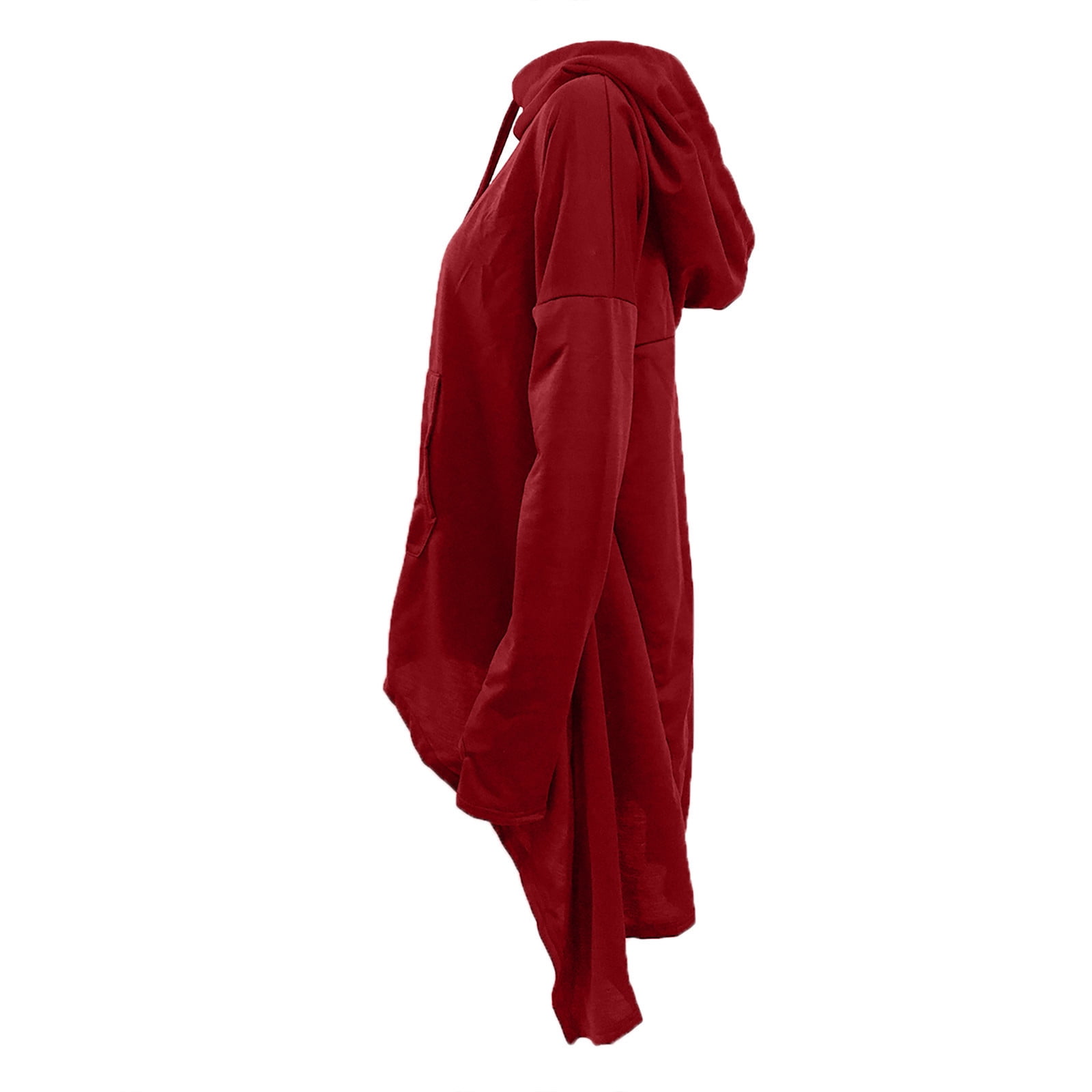 Fartey Womens Asymmetrical Hem Hoodies Casual Irregular Long Sleeve Drawstring Hooded Sweatshirt Long Tunic Pullover Sweatshirts Wine 3XL