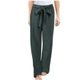 thumbnail image 2 of Cotton Linen Pants Women Lightweight Elastic Waist Belted Wide Straight Leg Loose Fit Lounge Pants Beach Trousers, 2 of 9