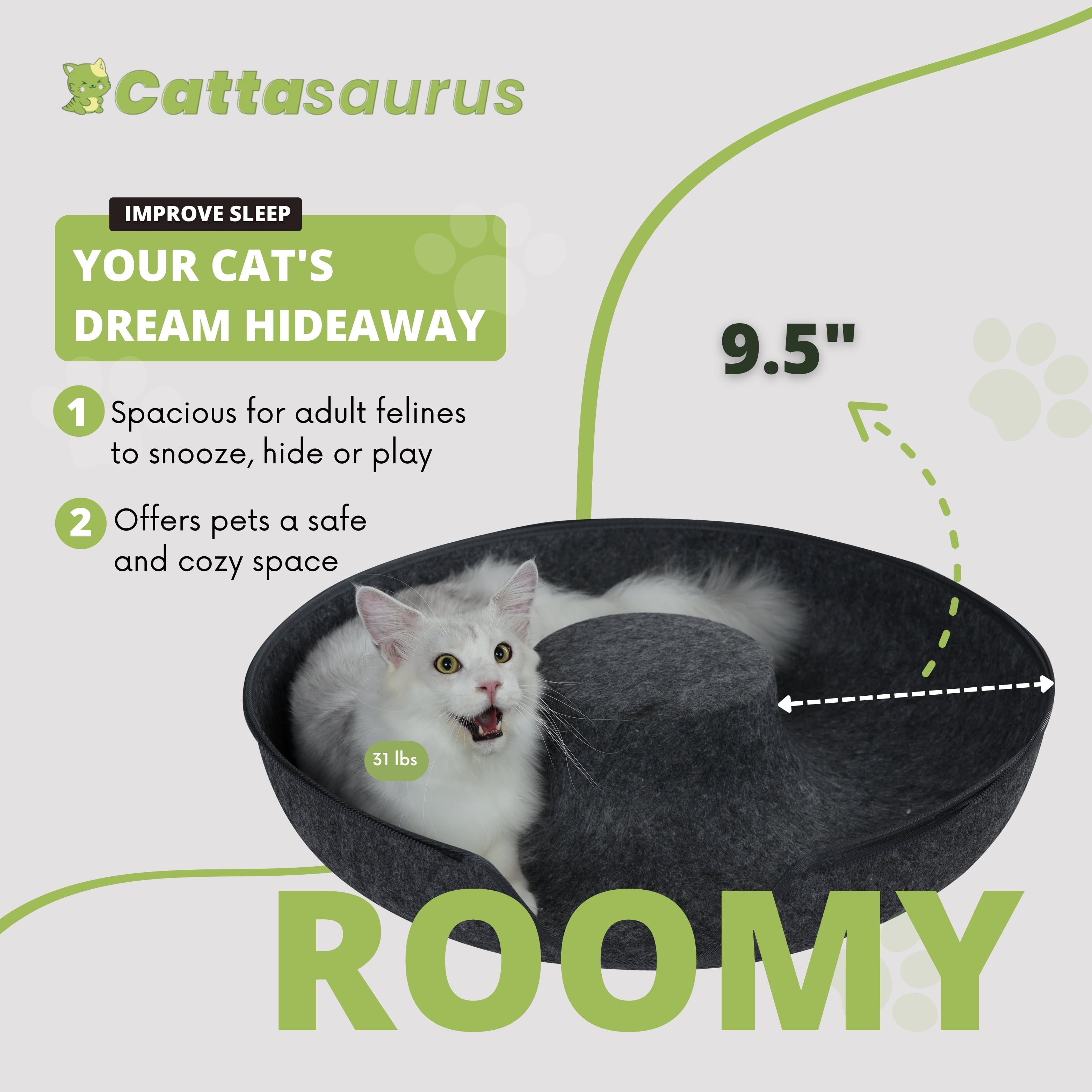 Cattasaurus Peekaboo Cat Cave Tunnel Bed, Jumbo Size, Dark Gray, for Cats up to 30 lbs