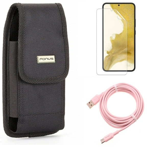 Case Belt Clip & 10ft Long USB-C Cable & Matte Screen Protector for Samsung Galaxy S22 (6.1") - Swivel Holster & Pink Charger Cord & TPU Film Anti-Glare Accessory Bundle