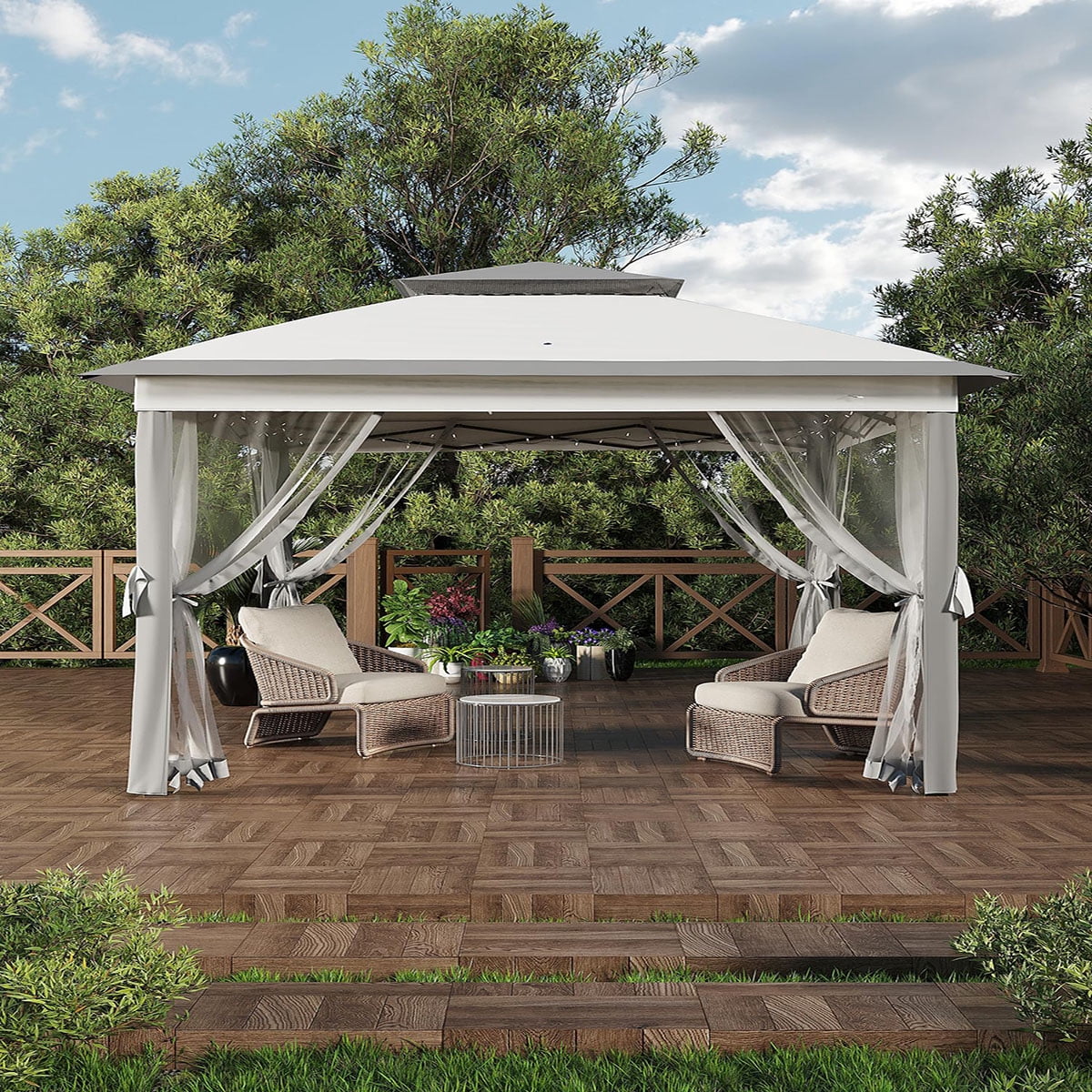 Ataucjin 11x11 FT Outdoor Gazebo, Heavy Duty Pavilion with Sturdy Metal Frame & Double Roofs, Patio Shelter with Mosquito Netting, Ideal for Backyard, Garden, Lawn, Deck