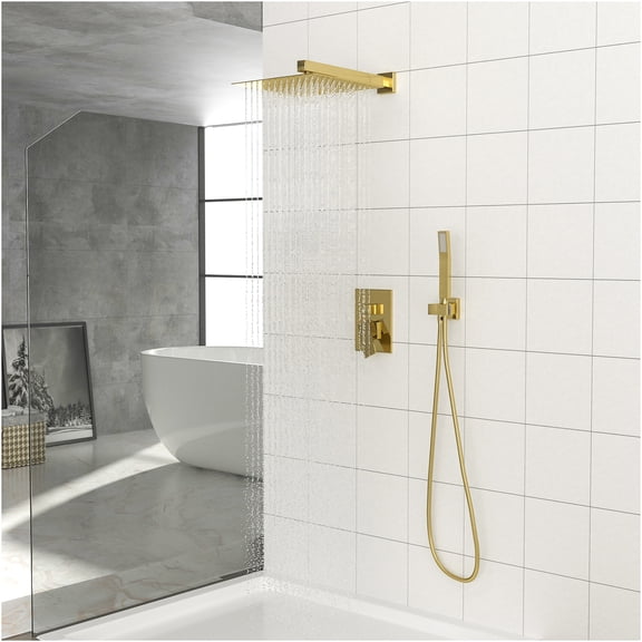 JERFIT 12-inch Gold Dual Shower Head System with Pressure Balance Rough-in Valve, Wall Mounted Rainfall Square Shower Panel Set