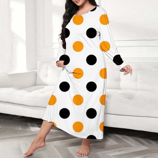 Chemises de Nuit pour Femmes Grande Taille Robe de Nuit Décontractée Imprimé Cœur Manches Longues Col Rond Extensible Moyen Ample TG