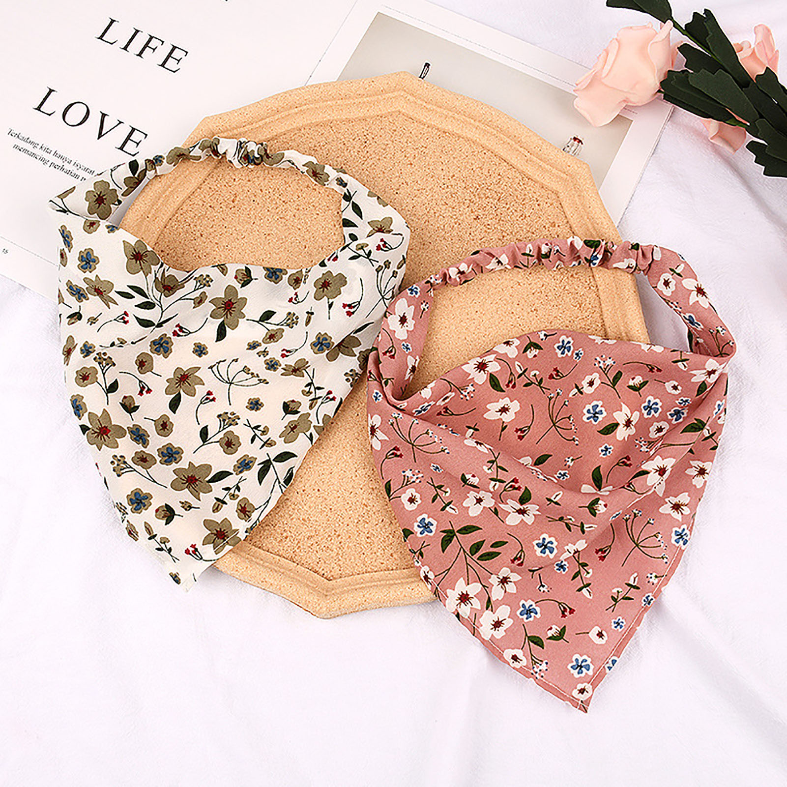 Woeoe 4 Pcs Chiffon Head Kerchief Hairband Floral Elastic Hair Scarf  Headband Boho Printed Triangle Hair Bandanas with Hair Clips for Women Girls