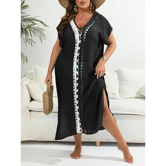 Women's Plus Size Vacation Beach Casual Loose Cover-Up Hand-Crocheted Hollow Out Color-Block Deep V-Slit Long Dress