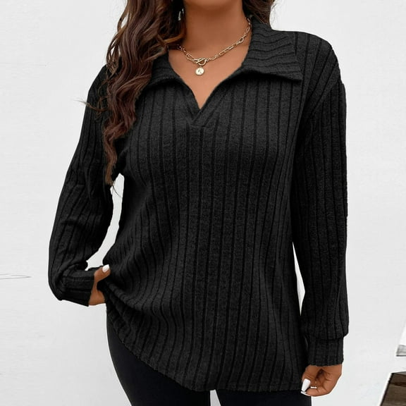 ClodeEU Women's Plus Size Turn Collar V Neck Ribbed Brushed Sweater,Long Sleeve Loose Top Black,Womens Plus XL