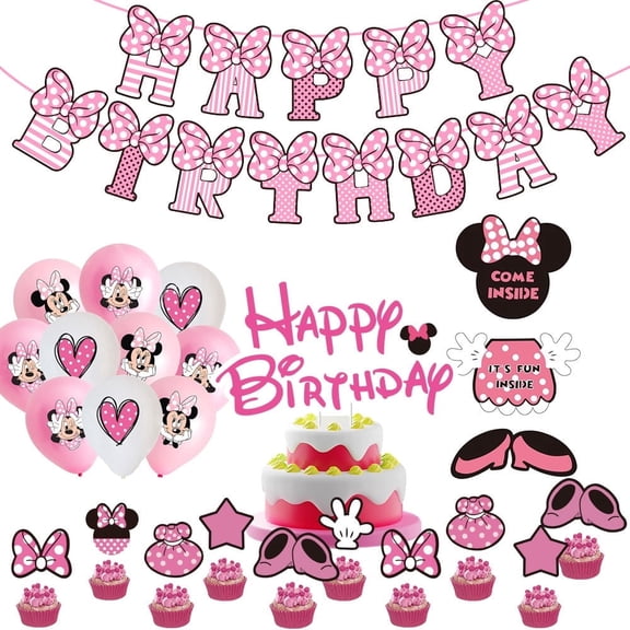 33 pieces pink cartoon birthday party supplies, including banners, balloons, cake toppers and door hangings, perfect decorations for girls' little princess birthday party