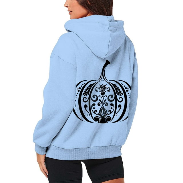 VBARHMQRT Mignons Chandails à Capuche Mode Femme Citrouille Imprimé Fermeture Éclair Manches Longues Poche Cordon Décontracté Sport Sweat à Capuche