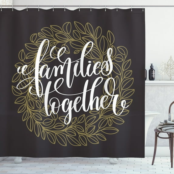 Family Shower Curtain, Families Together Words on a Floral Wreath on Dark Background, Fabric Bathroom Set with Hooks, 69W X 70L Inches, Charcoal Grey and Army Green, by Ambesonne