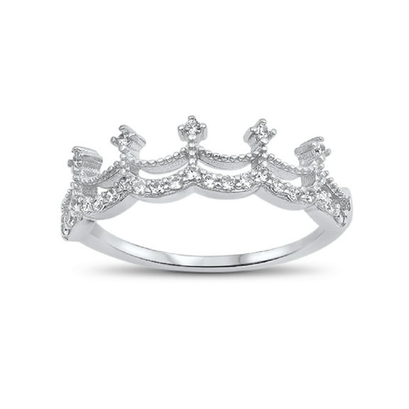 Clear Cubic Zirconia Decorated Crown Ring Sterling Silver