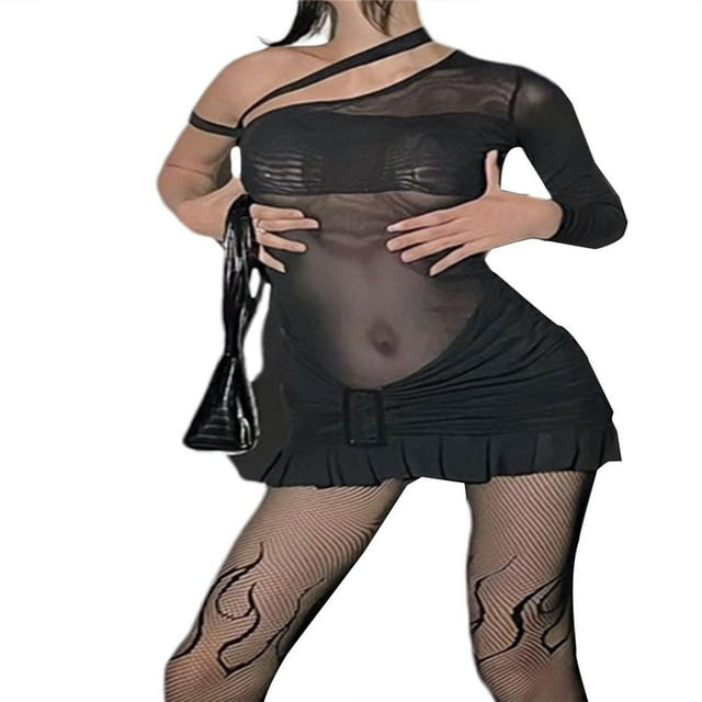2023 Nouveau Bodycon Mini Robe une Boucle d'Épaule devant Robe en Mesh Robe Noire Robe Sexy Taille S à L