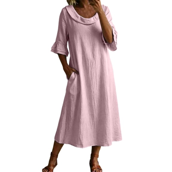 Dvprdro Ruffle Collar 3/4 Sleeve A Line Midi Dress for Women Loose Fit Solid Color Casual Summer