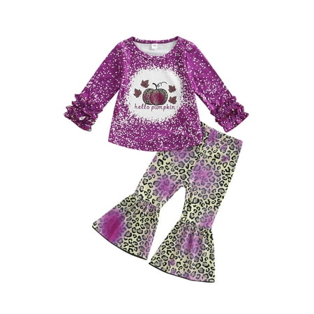 

CenturyX Kids Baby Girls Halloween Outfits Set Pumpkin Print Long Sleeve Tops Leopard Flared Pants Purple 2-3 Years