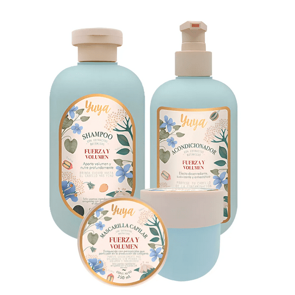 KIT PARA CABELLO 3 PIEZAS YUYA SHAMPOO ACONDICIONADOR Y MASCARILLA CAPILAR FUERZA Y VOLUMEN CON COLÁGENO Y BIOTINA