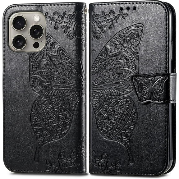 Case for iPhone 16 Pro Case Wallet Leather Flip Phone Case with Card Holder and Kickstand Magnetic Shockproof Protective Women Men Case for iPhone 16 Pro 6.3 inch Butterfly Black SD