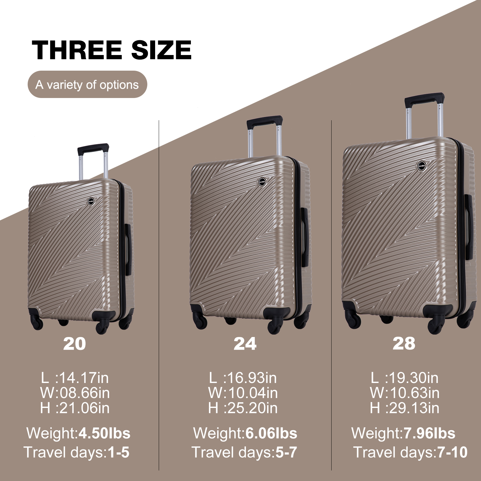 Tripcomp Luggage 3 Piece Set,Suitcase Set with Spinner Wheels Hardside Lightweight Luggage Set 20in24in28in.(Golden) - image 5 of 8