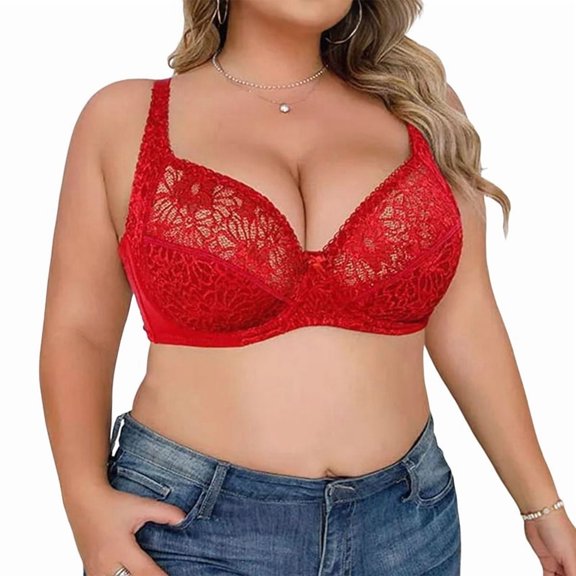 Women Plus Size Full Cup Floral Lace Bowknot Underwire Sheer Support Bra Red 36/80C