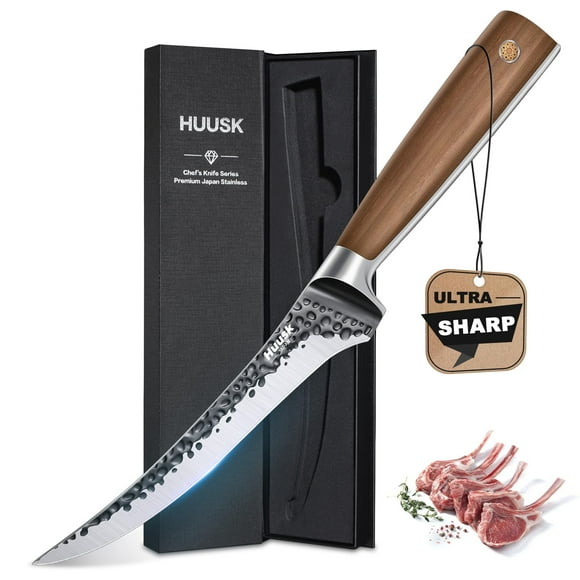 Huusk Boning Knife 6 Inch Fillet Knife for Meat Brisket Trimming Knife Japan Hand Forged Deboning Knives Full Tang Meat Cutting Butcher Knife for Kitchen Cooking BBQ