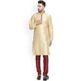thumbnail image 1 of eloria Men's Traditional Silk Blend Solid Gold-Toned Kurta With Maroon Churidar Pyjama, 1 of 7