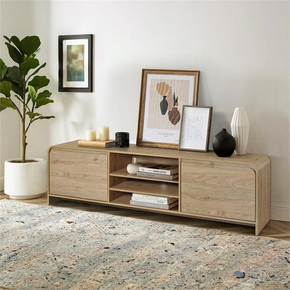 Pemberly Row Modern Wood TV Console for TVs up to 82" in Natural