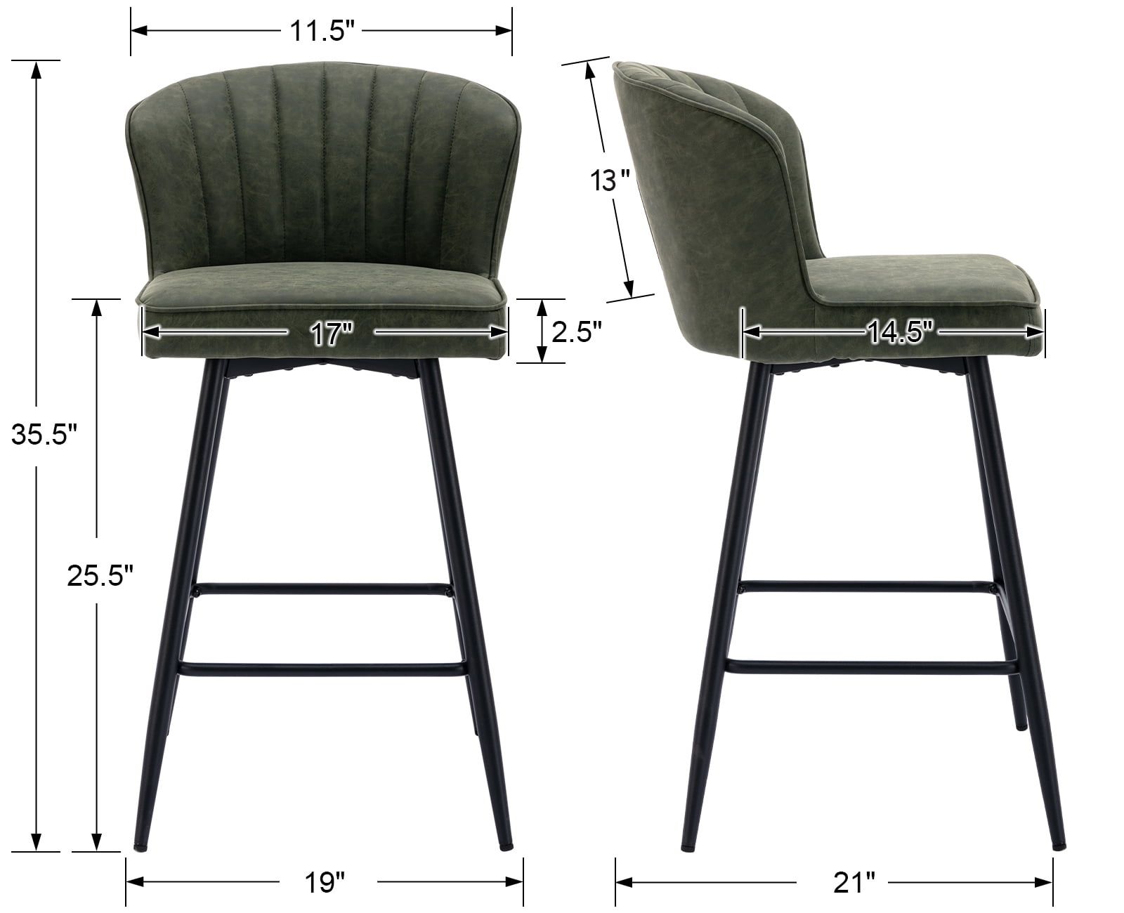 Guyou 26” Counter Height Bar Stools Set of 2, Modern PU Upholstered Kitchen Island Chairs, Barstools with Back and Footrest for Kitchen Island Pub Restaurant, Green