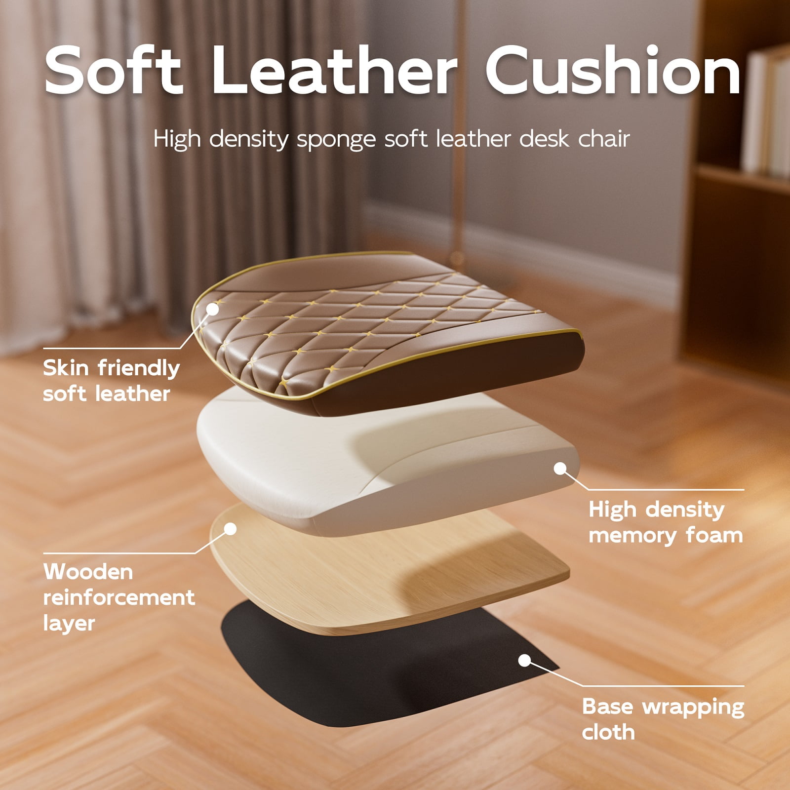 iooHug Ergonomic PU Leather Office Chair, Executive Desk Chair with Diamond Quilted, Swivel Computer Chair with Lumbar Support & Rocking Function for Home Office, Brown