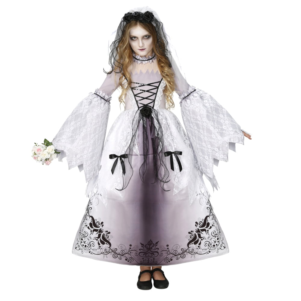 Aimerfeel-ladies ghost bride fancy dress with veil dress+head dress 8,10,12,14 