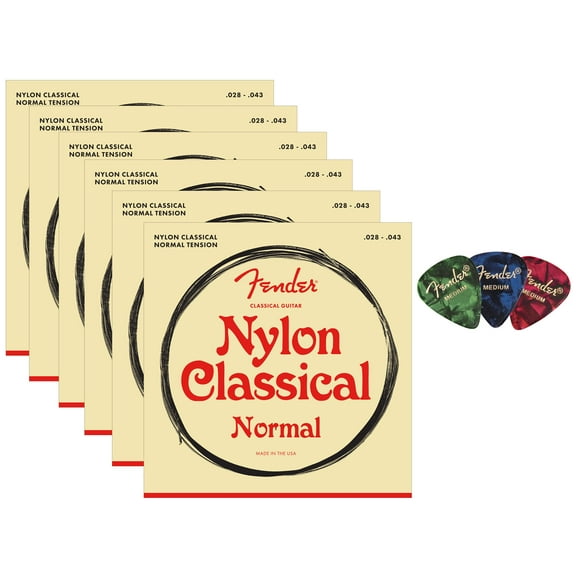 Fender Nylon Classical Strings - Tie End 6-Pack Bundle with 3-Pack Picks