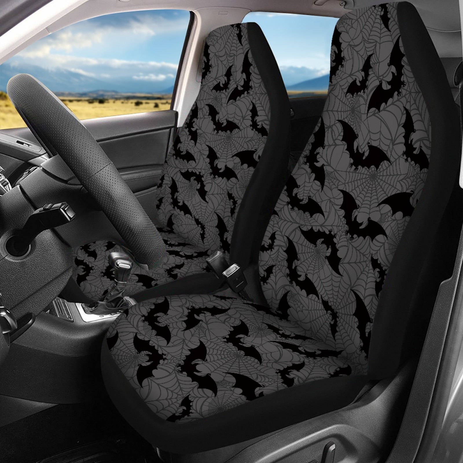 Renewold Bat Spider Web Gray Car Seat Covers Full Set 4 PCS, Front and Rear Split Bench Protective Cover Halloween Auto Interior Decor Universal Fit for Truck Van SUV