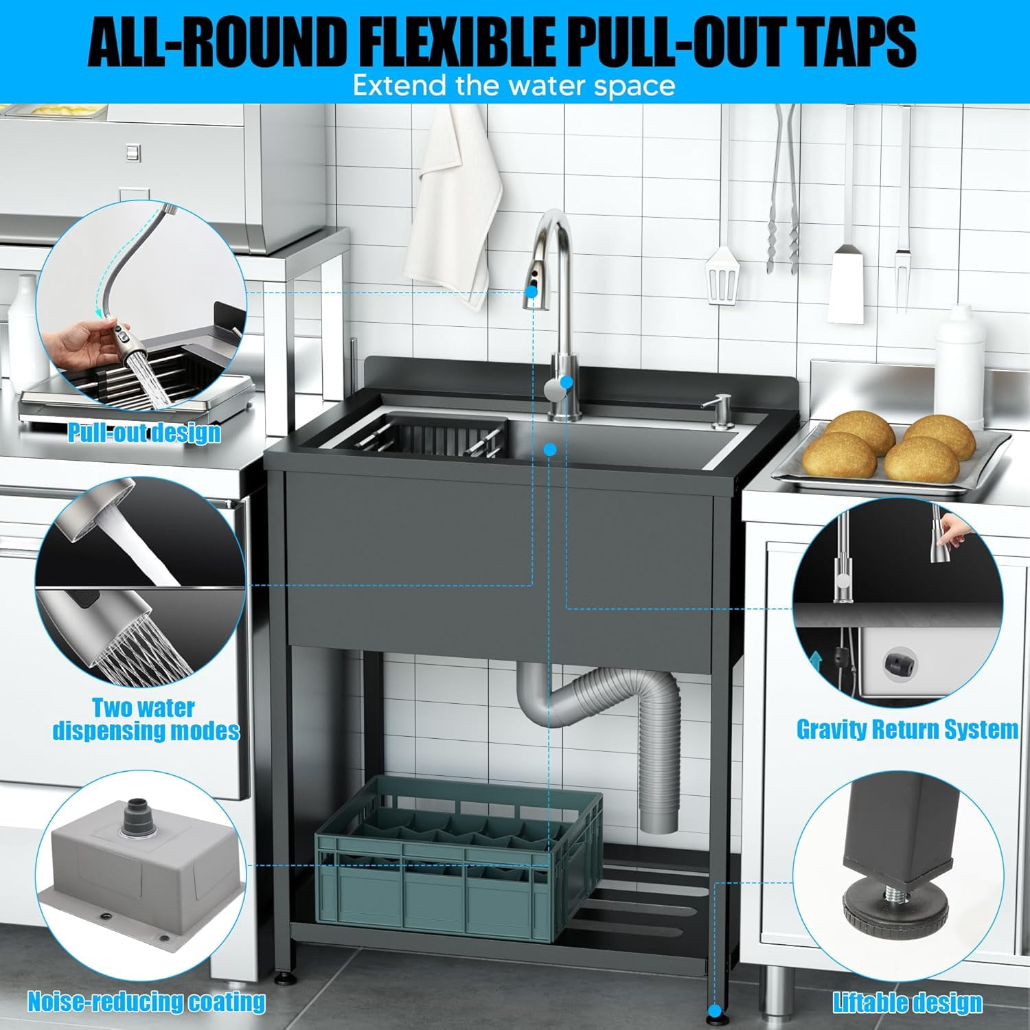 Stainless Steel Utility Sink, 30.8" × 22" × 39.5"Freestanding Sink with Cold and Hot Water Faucet,Hoses and Drain Kit for Kitchens, Bathrooms, Garage, Laundry Room