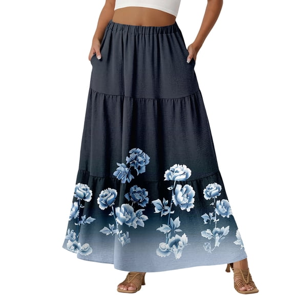 LWavelet Women Patchwork Floral Print Tiered Maxi Skirt Elastic Waist With Pockets Casual Long Skirt Dark Blue M