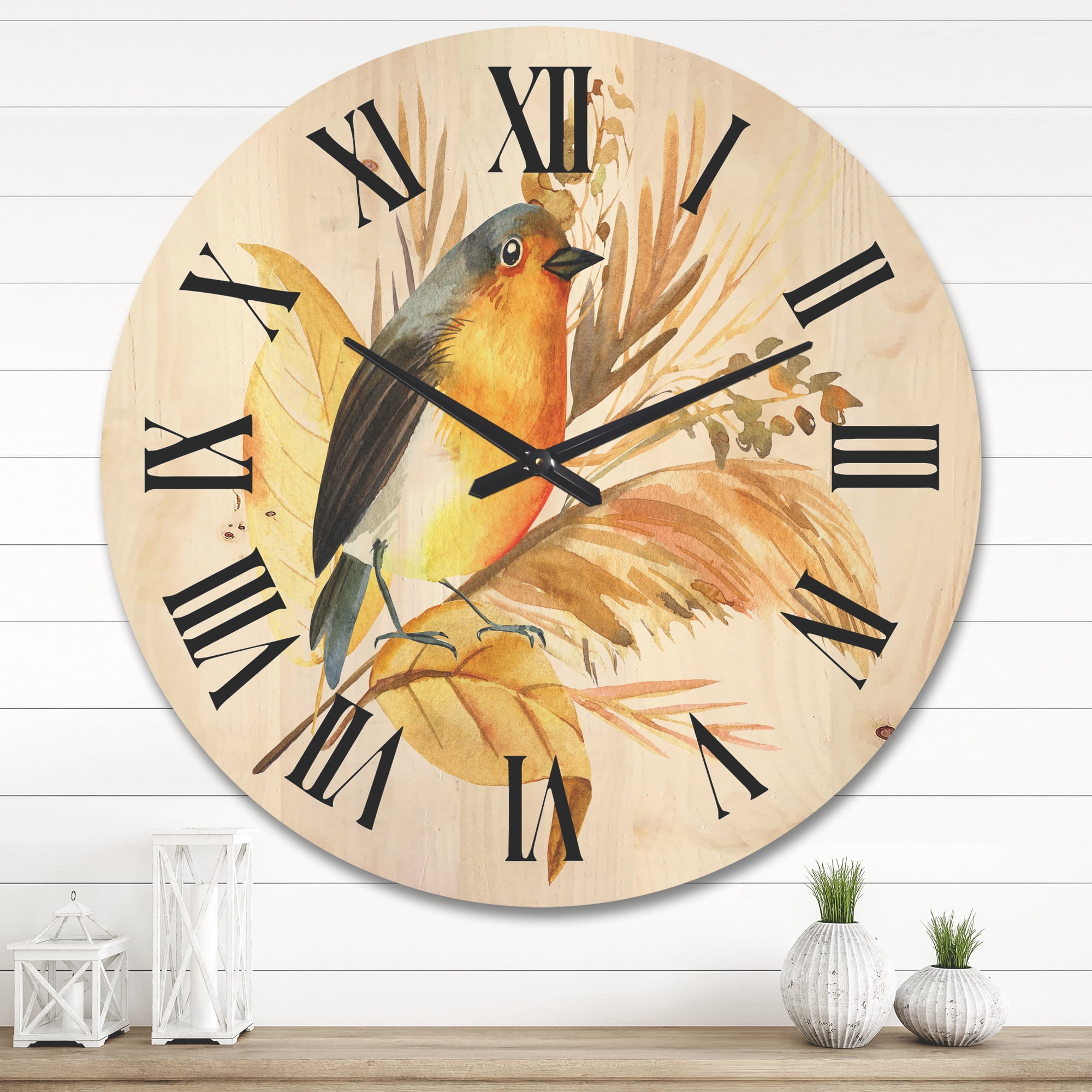 Designart 'Autumn Flowers and Robin Bird' Traditional Wood Wall Clock