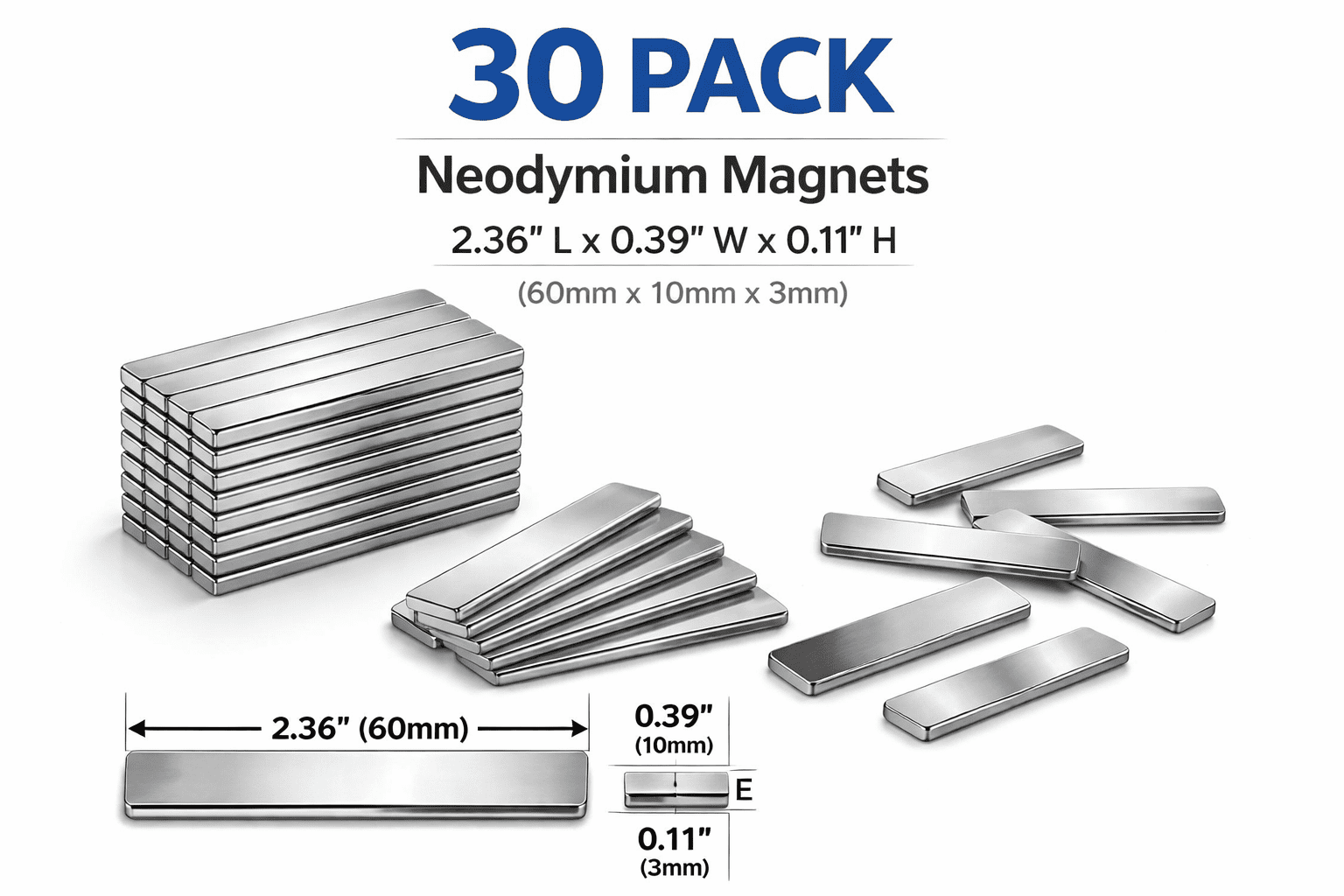 30 Pack - Neodymium Magnets 2.36"L x 0.39"W x 0.11"H Bars- (60mm x 10mm x 3mm) - Permanent Magnets