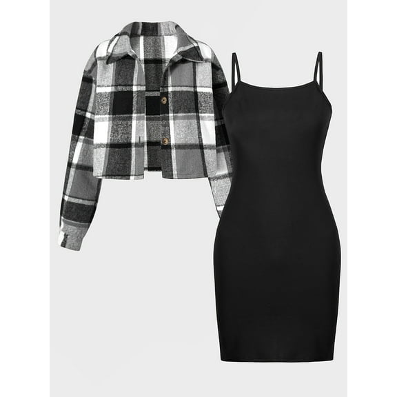 Mikrdoo 10 Years Kid Girls Outfits 8Y,9Y,10Y,11Y,12Y Big Girls Straps Dress Plaid Print Lapel Collar Cropped Coat 2Pcs Clothes Set Black