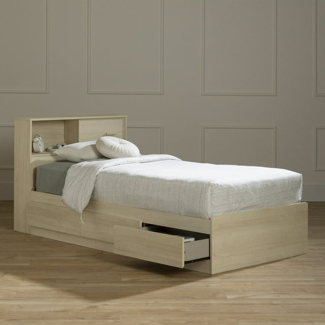 South Shore Noah Twin Mates Bed With Bookcase Headboard Set, in Bleached Oak