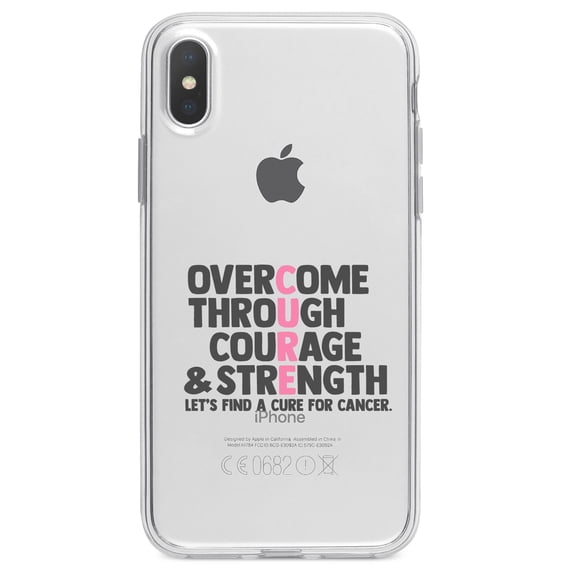 DistinctInk Clear Shockproof Hybrid Case for iPhone XR (6.1" Screen) - TPU Bumper Acrylic Back Tempered Glass Screen Protector - Pink Ribbon Cancer - Cure Word Art