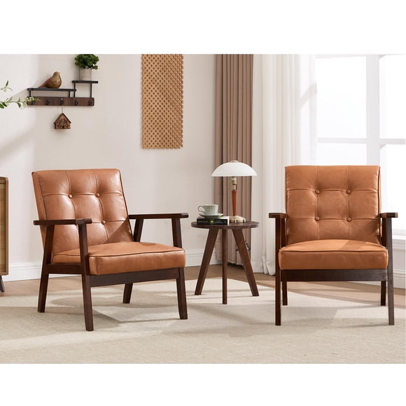 Bonzy Home Leather Accent Chair Set of 2, Mid Century Modern Armchair with Solid Wood Legs, Reading Leisure Chairs with Thick Seat Cushion for Living Room Bedroom, Brown