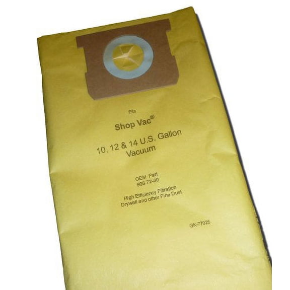 10 Count Shop Vac 10 - 14 Gallon / High Efficiency 770-25 Replacement Paper Filter Bag for Drywall Dust